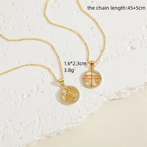 14K Gold Plated Copper Zirconia 12 Zodiac Sign Constellation Round Openwork Pendant Necklace For Women Elegant Fashion Jewelry