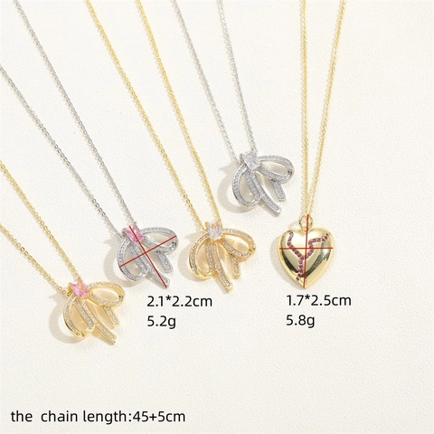 14K Vergoldete Kupfer Zirkonia Herz Schleife Anhänger Halskette Damen Mode Schleife Split Herz Eingelegte Kette Schmuck
