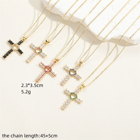 Damen Kupfer Zirkonia Kreuz Herz Anhänger Halskette Gold Plattiert Mode Schmuck Geschenk Royalblau Fuchsia Grün Weiß