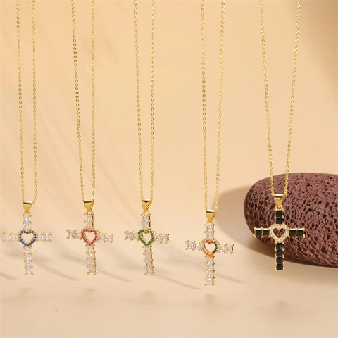 Damen Kupfer Zirkonia Kreuz Herz Anhänger Halskette Gold Plattiert Mode Schmuck Geschenk Royalblau Fuchsia Grün Weiß