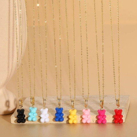 Colorful Resin Gummy Bear Zirconia Pendant Necklace Copper Electroplated Cute Animal Choker For Women Fashion Jewelry
