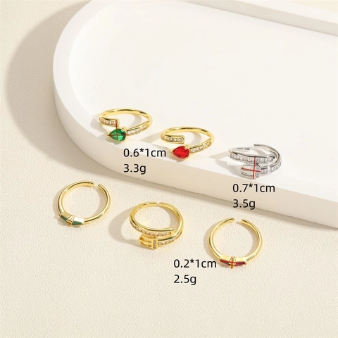 Fashion Copper Colorful Zirconia Open Adjustable Ring For Women Ins Style Belt Buckle Triangle Geometric Finger Ring Jewelry