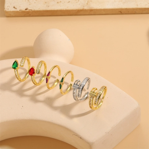 Fashion Copper Colorful Zirconia Open Adjustable Ring For Women Ins Style Belt Buckle Triangle Geometric Finger Ring Jewelry