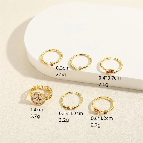 Anello Aperto in Rame Regolabile per Donna Con Esagramma a Conchiglia Mano Di Fatima Zirconia Colorata Intarsiata Placcato Oro