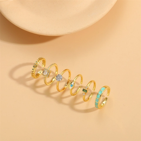 Minimalist Gold Plated Copper Open Ring For Women Geometric Zirconia Enamel Evil Eye Adjustable Fashion Finger Jewelry