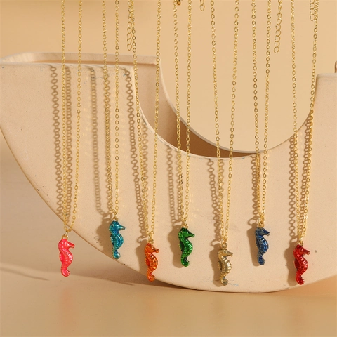 Hawaiian Beach Style Colorful Enamel Seahorse Pendant Necklace Copper Gold Plated Ins Style Dainty Clavicle Chain Jewelry For Women