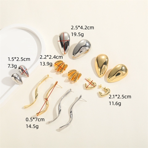 Minimalist Copper Geometric Stud Earrings For Women Polished Heart Fan Wave Water Drop Shape Gold Silver Fashion Jewelry