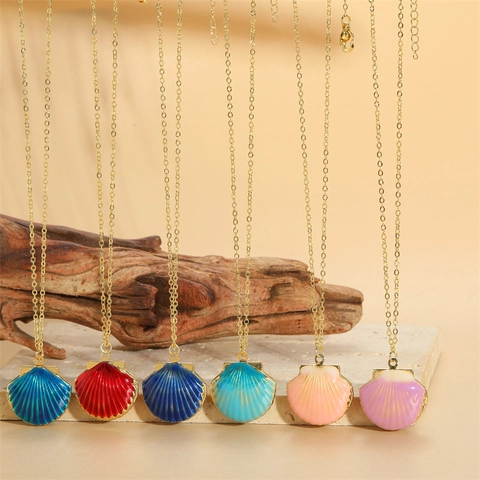Ocean Series Colorful Enamel Scallop Shell Locket Pendant Necklace For Women Copper 14K Gold Plated Beach Vacation Jewelry