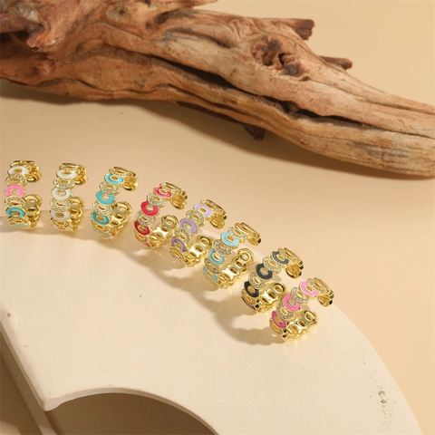 Women Geometric O-Shape Copper Open Ring With Colorful Enamel And Zirconia Adjustable Fashion Finger Jewelry Gift