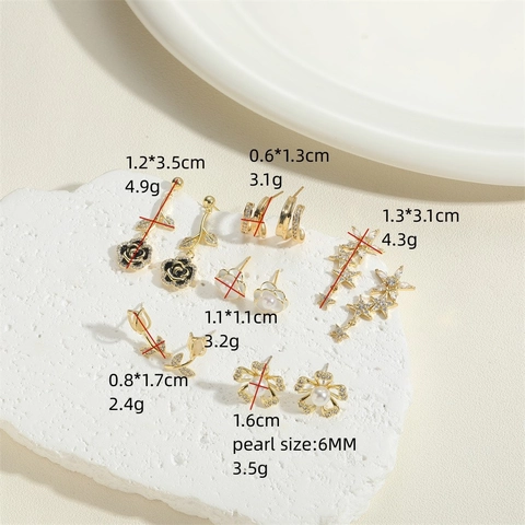 Elegant French Copper Floral Zirconia Stud Earrings 14K Gold Plated Artificial Pearl Rose Tulip Star Earrings For Wedding Women Jewelry