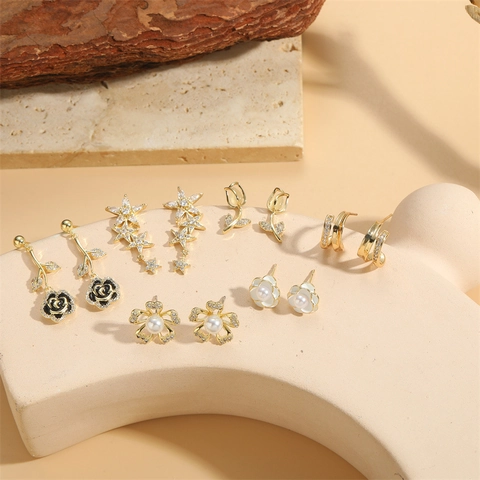 Elegant French Copper Floral Zirconia Stud Earrings 14K Gold Plated Artificial Pearl Rose Tulip Star Earrings For Wedding Women Jewelry