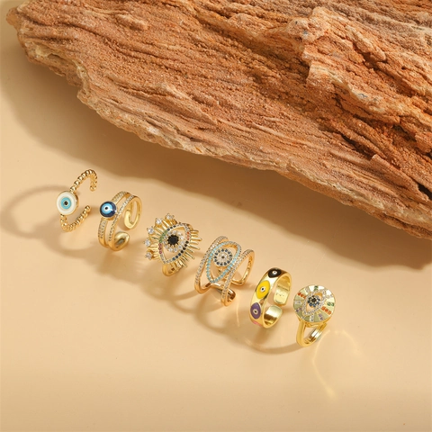 Retro Koperen Boze Oog Open Ring Voor Dames Verguld Zirconia Emaille Verstelbare Franse Minimalistische Vingerring Sieraden Cadeau