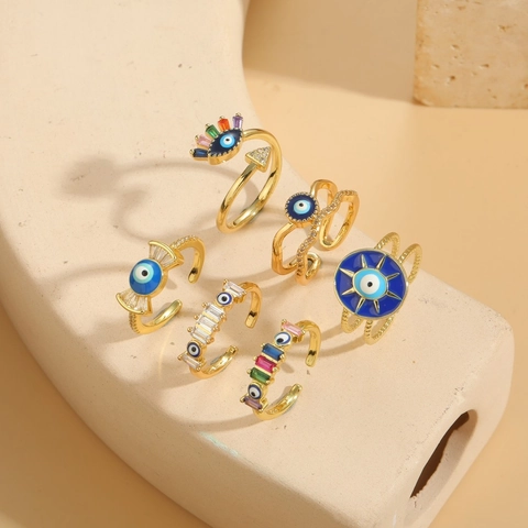 Franse Vintage Boze Oog Open Ring 14K Verguld Koper Gekleurde Zirconia Emaille Verstelbare Vingerring Vrouwen Sieraden