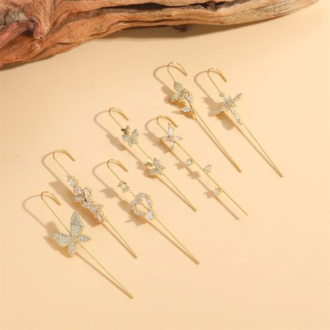 Copper Zirconia Butterfly Cross Heart Design Ear Hook Earrings For Women Minimalist Gold Inlaid White Zircon Ear Crawlers