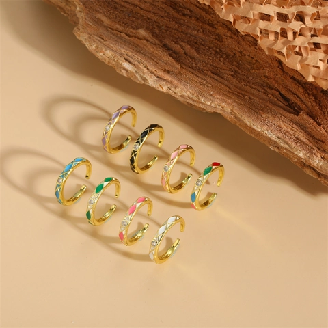 Franse Vintage Emaille Koperen Open Ring Zirconia Ingelegd Verstelbaar Ruitpatroon Boheemse Mode Sieraden Voor Vrouwen