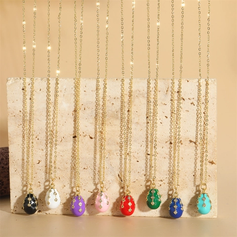 Vintage Copper Zirconia Teardrop Pendant Necklace Elegant Enamel Egg Shaped Jewelry Clavicle Chain For Women Gift Accessories