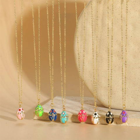 Vintage Enamel Egg Pendant Necklace 14K Gold Plated Copper Floral Pattern Jewelry For Women Easter Gift Accessories