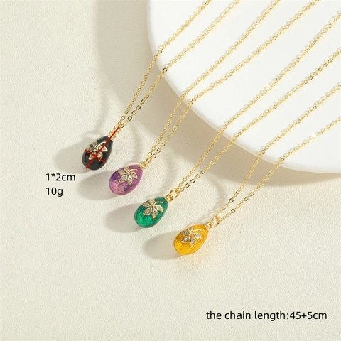 French Vintage Copper Enamel Egg Pendant Necklace With Zirconia Flower Inlay Retro Ins Fashion Jewelry For Women Gift