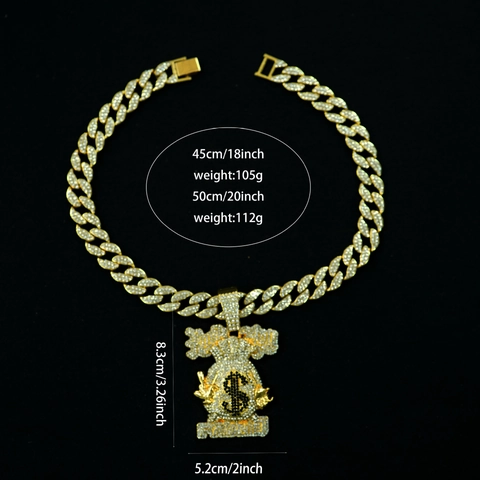 Hip Hop Money Bag Pendant Necklace Alloy Rhinestone Dollar Sign Iced Out Pave Men Jewelry Streetwear Accessory Gold Silver