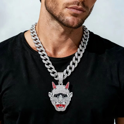 Hip Hop Hannya Maske Anhänger Halskette Strass Legierung Geist Maske Panzerkette Gold Silber Schmuck Für Herren