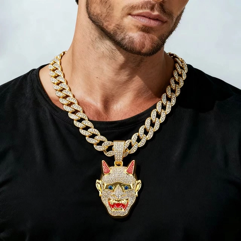 Hip Hop Hannya Maske Anhänger Halskette Strass Legierung Geist Maske Panzerkette Gold Silber Schmuck Für Herren