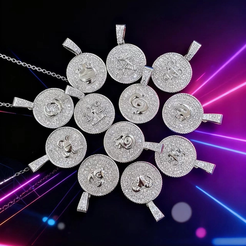 Hip Hop Tierkreis Anhänger Halskette Legierung Strass Eingelegt Zwölf Sternbilder Münze Medaillon Seilkette Personalisierter Schmuck