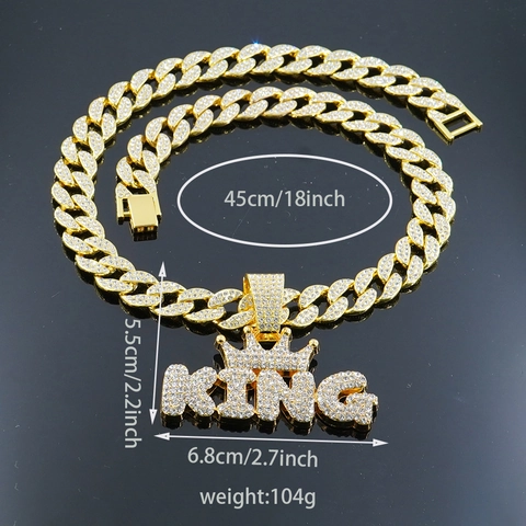 Hip Hop Iced Out King Crown Letter Pendant Necklace Alloy Rhinestone Cuban Link Chain For Men Streetwear Jewelry Gift
