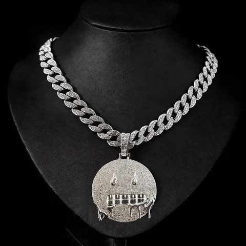 Hip Hop Iced Out Dripping Smiley Face Pendant Necklace Zinc Alloy Rhinestone Melted Smile Charm Cuban Chain Retro Streetwear Jewelry Gift