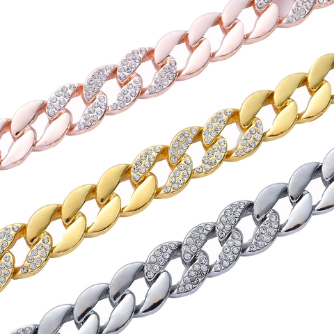 Hip Hop Trendy Alloy Rhinestone Cuban Link Chain Bracelet Necklace For Men Women Iced Out Jewelry Set Gold Silver Rose Gold