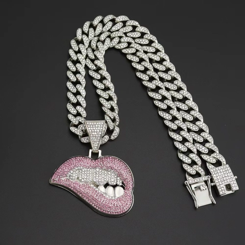 Hip Hop Bling Strass Lippen Hanger Halsketting Legering Volledig Ingelegd Cubaanse Schakel Streetwear Sieraden Voor Heren Dames Zilver Roze