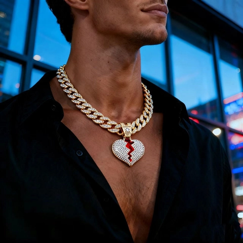 Collana con Ciondolo a Cuore Infranto Hip Hop Iced Out per Uomo Lega Strass Maglia Cubana Gioielli in Smalto Rosso Oro Argento
