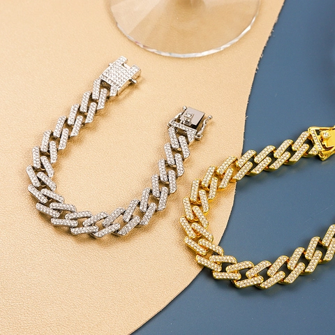 Iced Out Raute Cuban Link Kette Halskette Armband Legierung Voll Strass Hip Hop Street Style Schmuck Für Damen Herren
