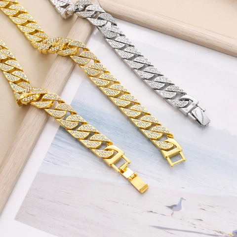 Hip Hop Iced Out Cubaanse Schakelketting Armband Set Legering Strass Pave Dik Streetwear Sieraden Voor Mannen Vrouwen