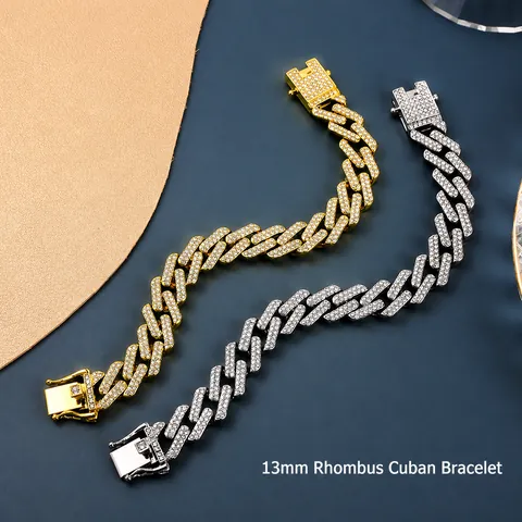 Iced Out Raute Cuban Link Kette Halskette Armband Legierung Voll Strass Hip Hop Street Style Schmuck Für Damen Herren