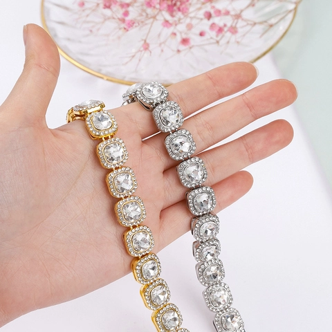 Iced Out Τετράγωνη Cuban Link Αλυσίδα Κολιέ για Άνδρες Γυναίκες Hip Hop Κοσμήματα Επιχρυσωμένη Ασημένια Αλυσίδα με Στρας