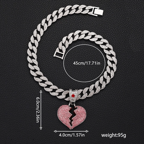 Hiphop Iced Out Broken Heart Pendant Necklace For Men Women Alloy Rhinestone Cuban Link Chain Streetwear Jewelry