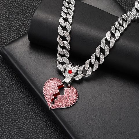 Collana con Ciondolo Cuore Spezzato Hip Hop Iced Out Per Uomo Donna Oro Argento Lega Strass Catena Cubana Gioielli