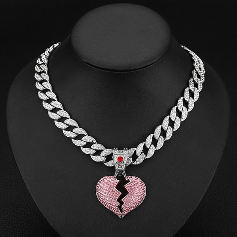 Collana con Ciondolo Cuore Spezzato Hip Hop Iced Out Per Uomo Donna Oro Argento Lega Strass Catena Cubana Gioielli