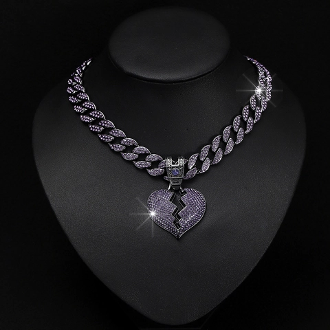Hiphop Iced Out Broken Heart Pendant Necklace For Men Women Alloy Rhinestone Cuban Link Chain Streetwear Jewelry