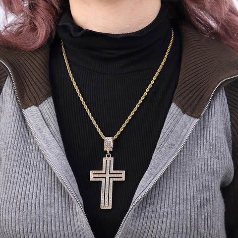 Hip Hop Alloy Cross Pendant Necklace For Men Women Iced Out Rhinestone Double Layer Geometric Pendant Individualistic Neckwear