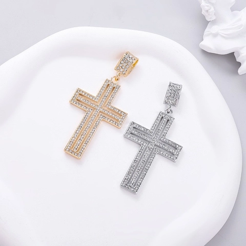 Hip Hop Alloy Cross Pendant Necklace For Men Women Iced Out Rhinestone Double Layer Geometric Pendant Individualistic Neckwear