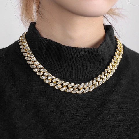 Hip Hop Zinc Alloy Iced Out Cuban Link Chain Necklace For Men Women Shiny Rhinestone Inlaid Fashion Jewelry Personalized Gift