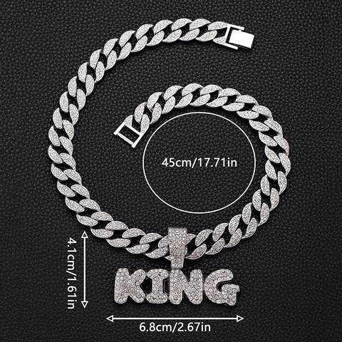 Hip Hop Alloy Rhinestone King Letter Pendant Necklace With Cuban Link Chain For Men Women Streetwear Fashion Jewelry