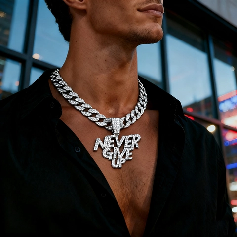 Hip Hop Alloy Never Give Up Letter Pendant Necklace Cuban Link Chain Iced Out Rhinestone Electroplated Fashion Jewelry For Men Women