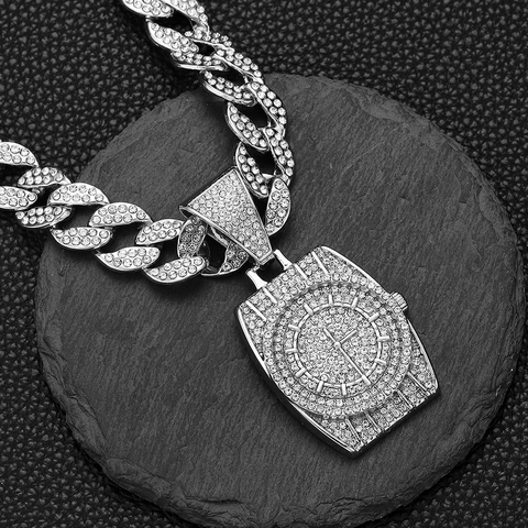 Collana da Uomo Hip Hop Con Ciondolo a Forma di Orologio E Catena Cubana in Lega Strass Gioielli Retrò Personalizzati
