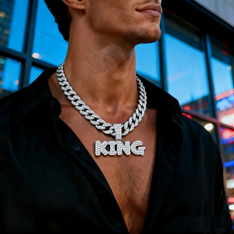 Hip Hop Alloy Rhinestone King Letter Pendant Necklace With Cuban Link Chain For Men Women Streetwear Fashion Jewelry