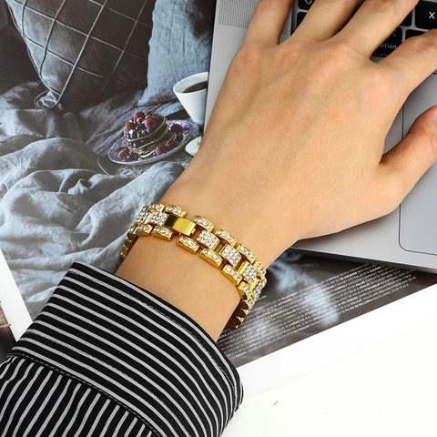 Hip Hop Iced Out Rhinestone Watchband Link Bracelet For Men Women Alloy Cuban Chain Anklet Fashion Jewelry Accessory