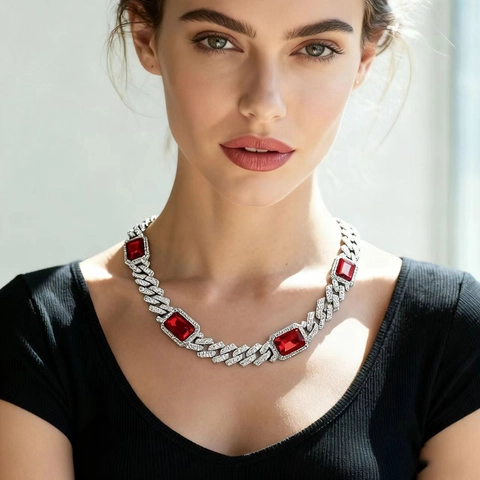 Hip Hop Alloy Cuban Link Necklace Rhinestone Inlaid Rectangular Artificial Gemstone Pendant Necklace For Men Women Jewelry