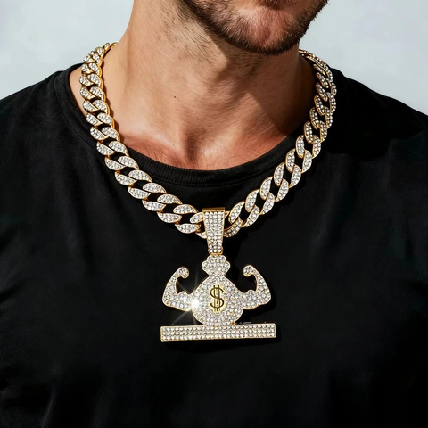Hip Hop Iced Out Muscle Arm Money Bag Pendant Necklace Alloy Rhinestone Cuban Link Chain Gold Silver Streetwear Jewelry