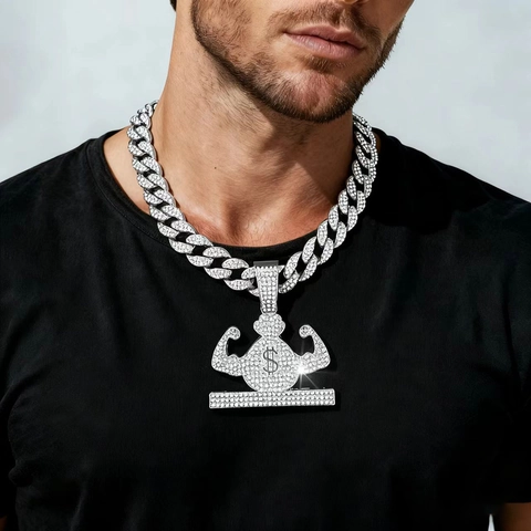 Hip Hop Iced Out Muscle Arm Money Bag Pendant Necklace Alloy Rhinestone Cuban Link Chain Gold Silver Streetwear Jewelry